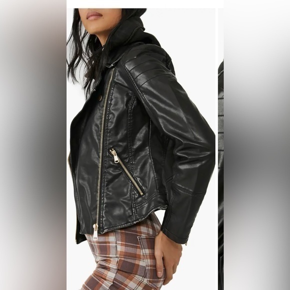 Free People black vegan leather look Jealousy Leather Moto hooded Jacket…